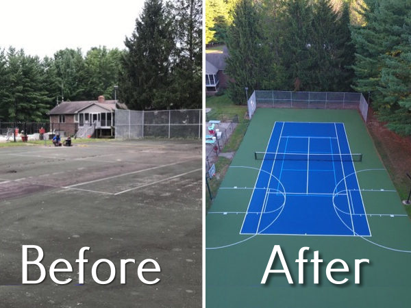 Before and after of backyard Tennis Court Resurfacing
